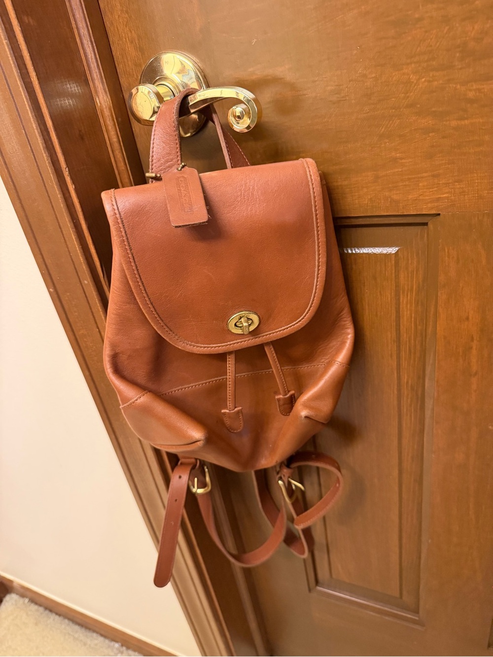 Coach Brown Leather Drawstring Backpack with Turn-Lock